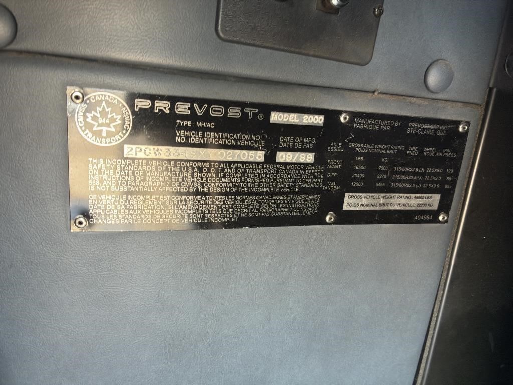 Prevost build/data plate